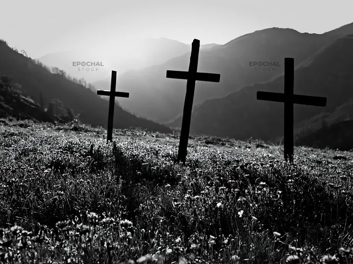 Three rustic crosses in a Christmas meadow with backlight - AI-generated stock image
