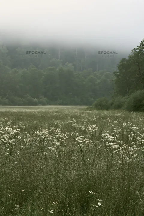 Hungarian meadow along a wooded valley in foggy weather - AI-generated stock image
