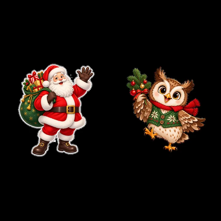 Santa Claus with gifts and an owl in festive attire - AI-generated stock image