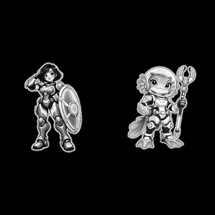 Kawaii futuristic super-soldier duo with shield and staff - AI-generated stock image
