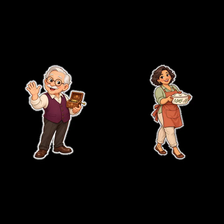 Grandfather holding a box and grandmother with a bowl - AI-generated stock image