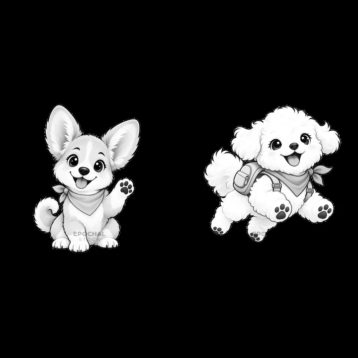 Cute dog sticker set featuring a corgi and a poodle in black and white - AI-generated stock image