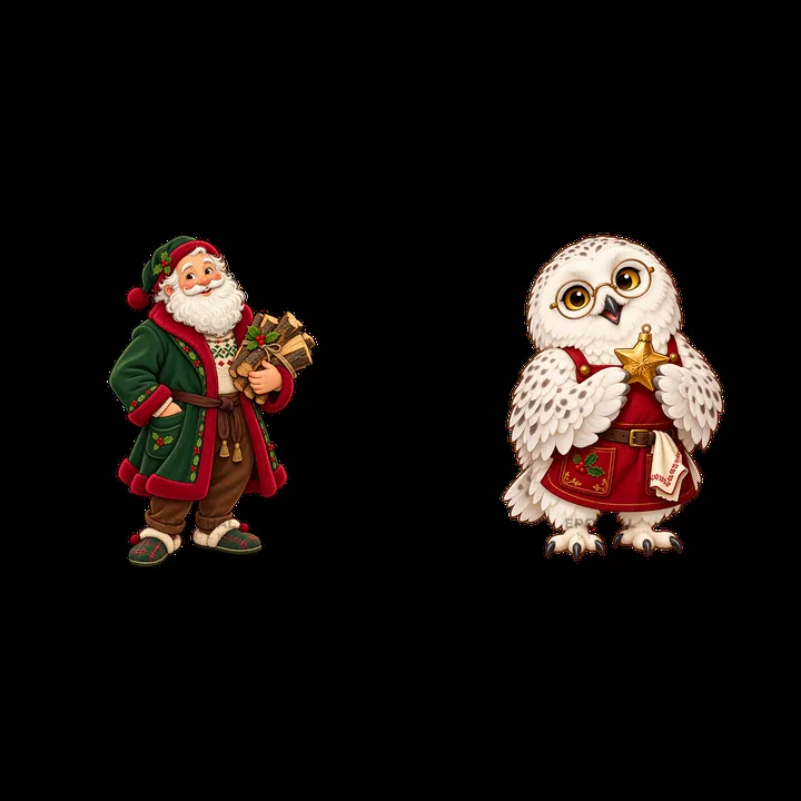 Santa Claus with gifts and an owl with a star - AI-generated stock image
