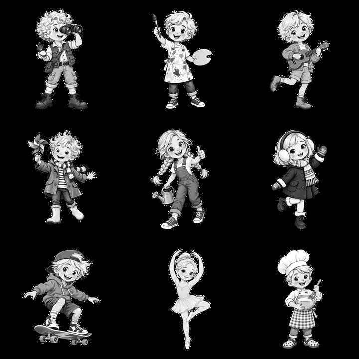 Blond child characters engaging in various activities - AI-generated stock image