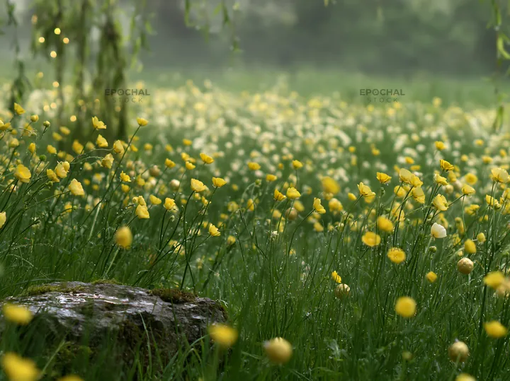 Expansive meadow filled with yellow buttercups and baubles - AI-generated stock image