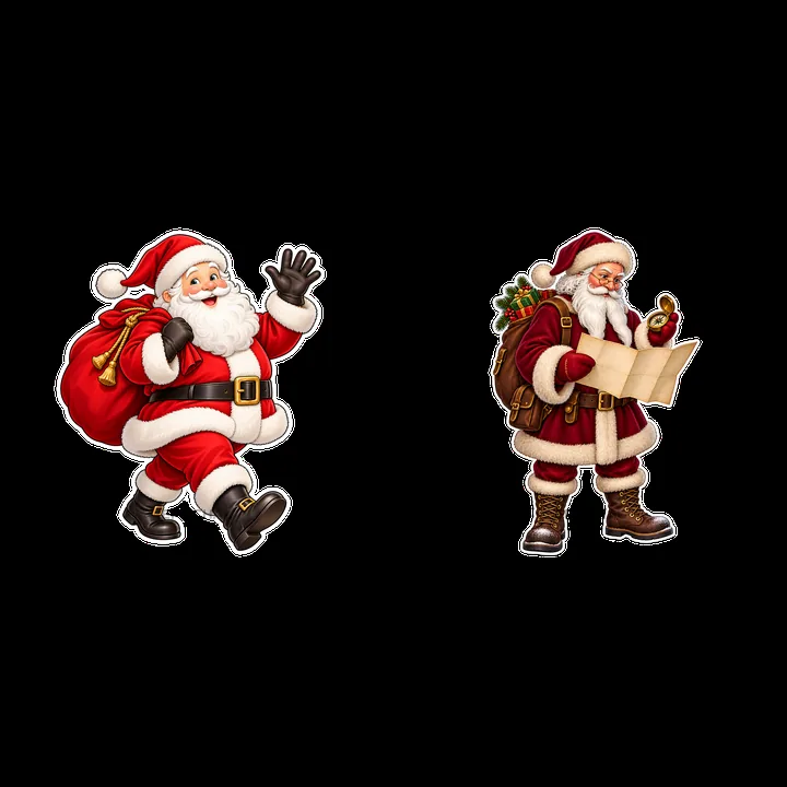 Santa Claus walking with bag and Santa checking map - AI-generated stock image