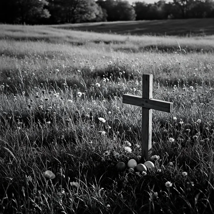 Christian cross in autumn meadow with copper light - AI-generated stock image