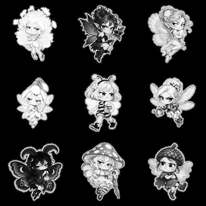 Kawaii grumpy fairy stickers in black and white grid layout - AI-generated stock image