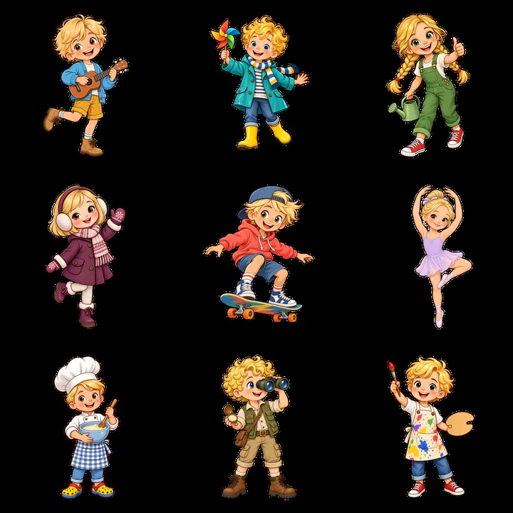 Blond child characters engaged in various activities in a grid - AI-generated stock image
