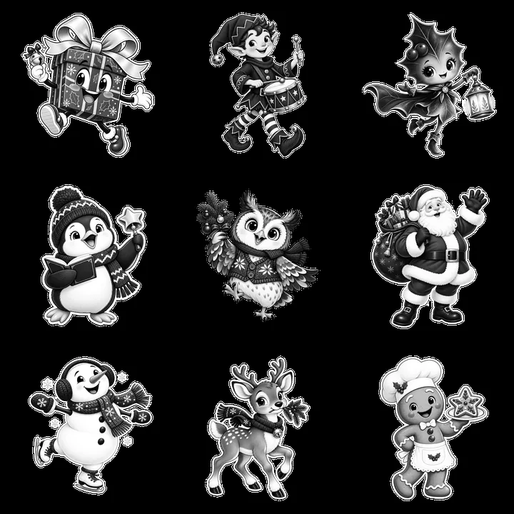 Christmas cartoon characters in a 3x3 grid layout - AI-generated stock image