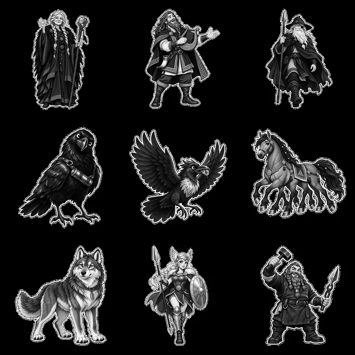 Odin and his companions in a Norse mythology scene - AI-generated stock image
