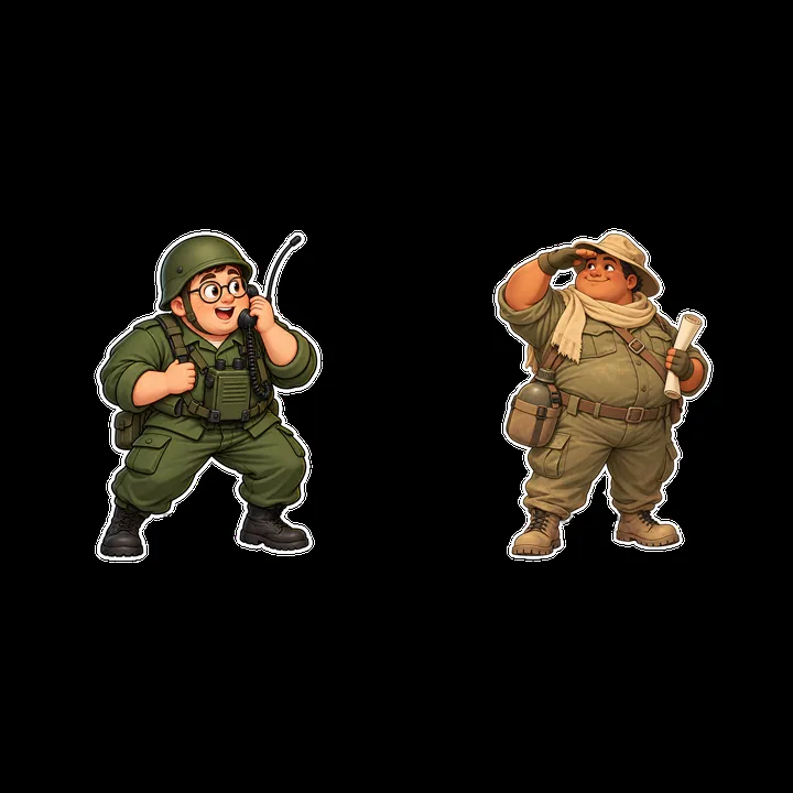 Cute ultra-chubby soldier characters in playful action poses - AI-generated stock image