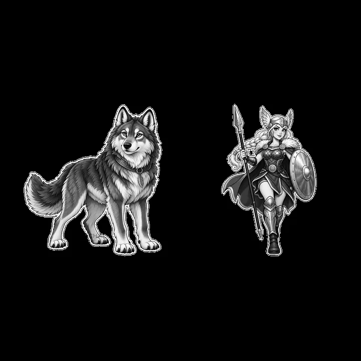 Odin's wolf and valkyrie warrior in black and white design - AI-generated stock image