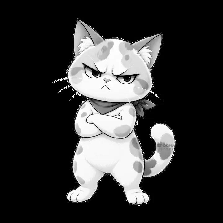Kawaii grumpy cat with a scarf showing an angry expression - AI-generated stock image