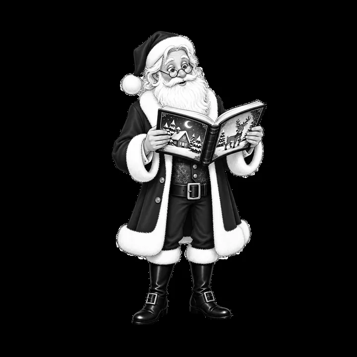 Santa Claus reading a storybook with winter scenes and snow - AI-generated stock image