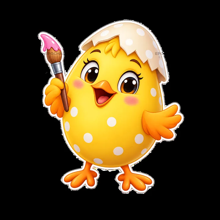 Happy chick holding a paintbrush with Easter egg shell on head - AI-generated stock image