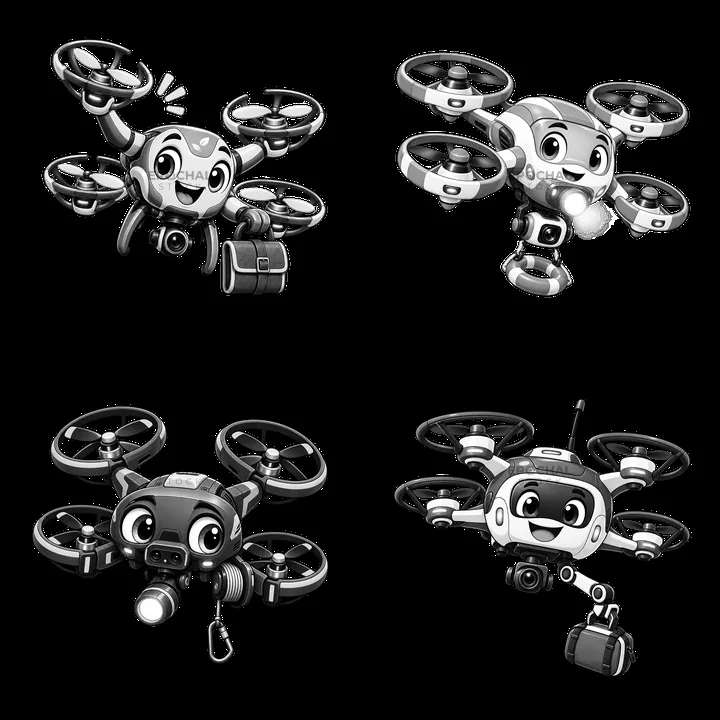 Four cartoon drones with cameras and accessories in black and white - AI-generated stock image