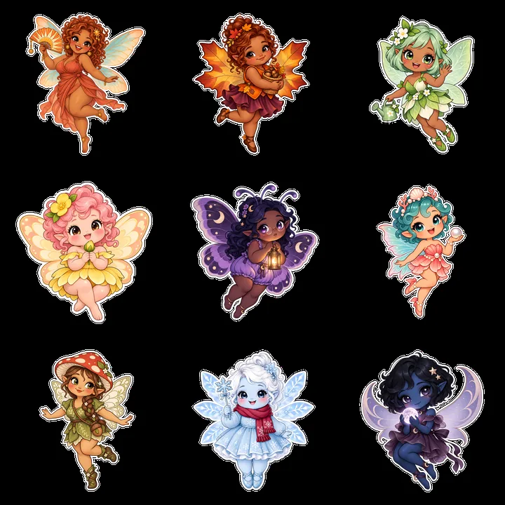 Kawaii chubby fairies in a 3x3 grid with colorful wings - AI-generated stock image