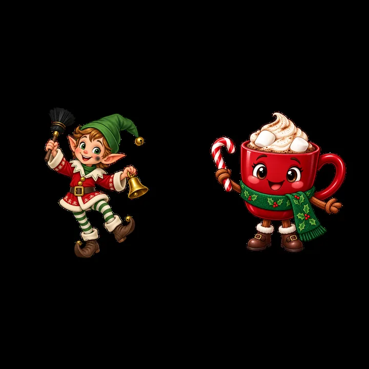Elf with bell and candy cup cartoon stickers for Christmas - AI-generated stock image
