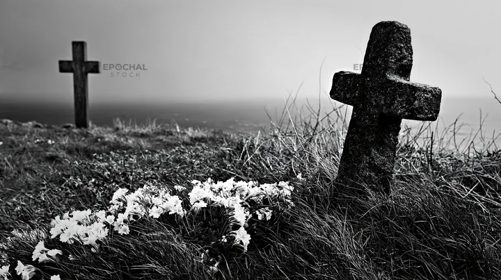 Rustic Christian cross in winter meadow with grass and flowers - AI-generated stock image