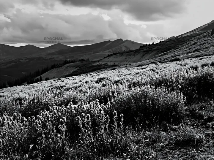 Paintbrush lupine meadow in black and white scenery - AI-generated stock image
