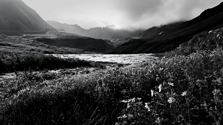 High contrast brook meadow with mountains in background - AI-generated stock image