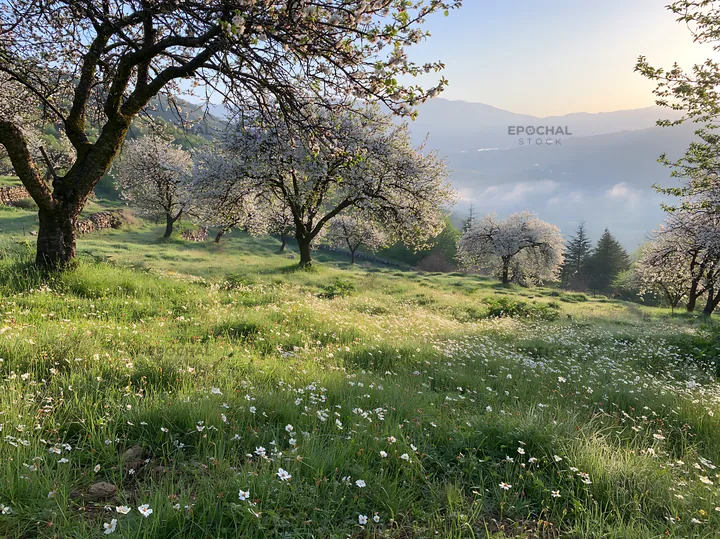 Spring orchard meadow with trees and flowers in morning light - AI-generated stock image