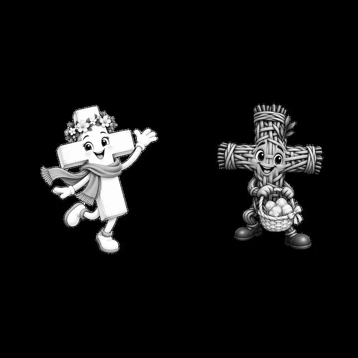 Easter crosses with characters holding baskets and wearing scarves - AI-generated stock image