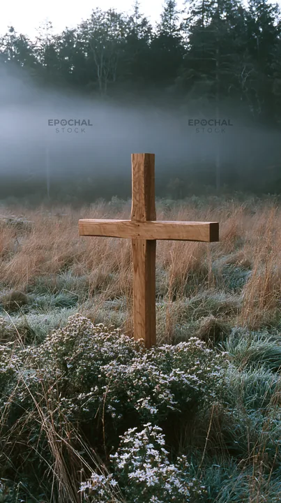 Carved oak cross stands in a frosted meadow - AI-generated stock image