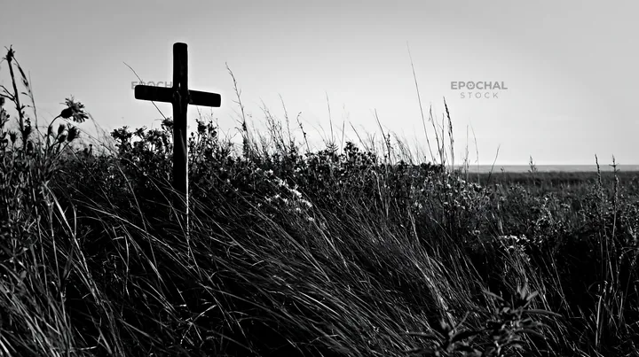 Bronze Christian cross in a Christmas meadow during winter - AI-generated stock image