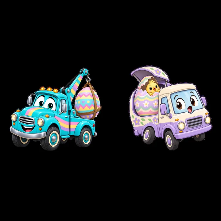 Easter trucks carrying decorated eggs with a chick inside - AI-generated stock image