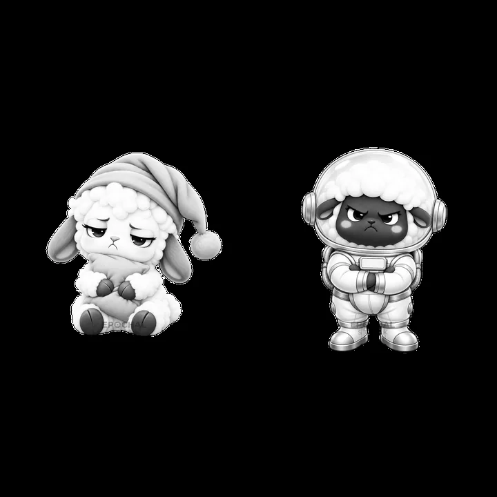 Kawaii grumpy sheep in winter hat and space suit illustration - AI-generated stock image