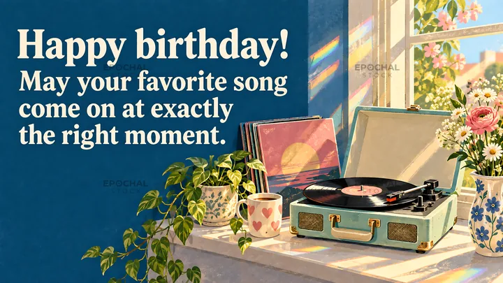 Birthday greeting with a sunny turntable and flowers - AI-generated stock image