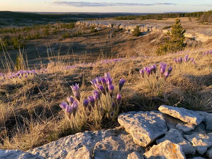 Sunny flowering limestone meadow with purple flowers - AI-generated stock image