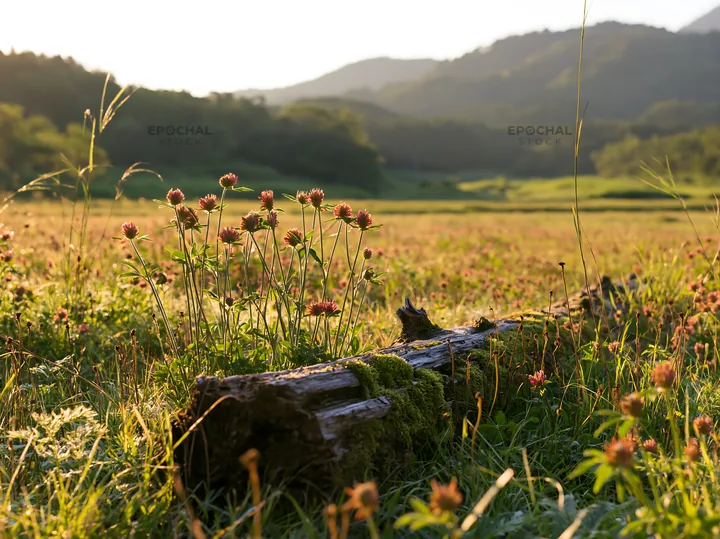 Mossy log in Gifu low carbon meadow during golden hour - AI-generated stock image