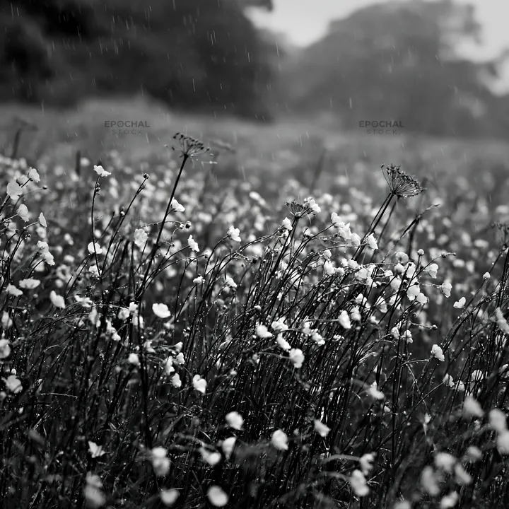 Buttercup meadow under rain in black and white - AI-generated stock image