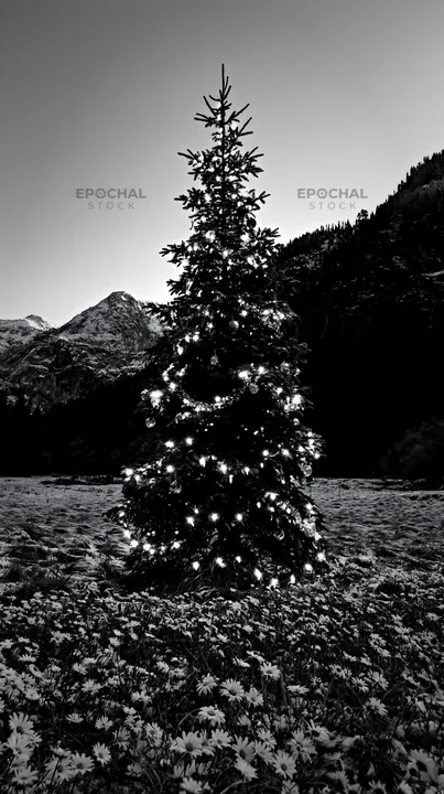 Christmas tree with lights in snowy mountain valley meadow - AI-generated stock image