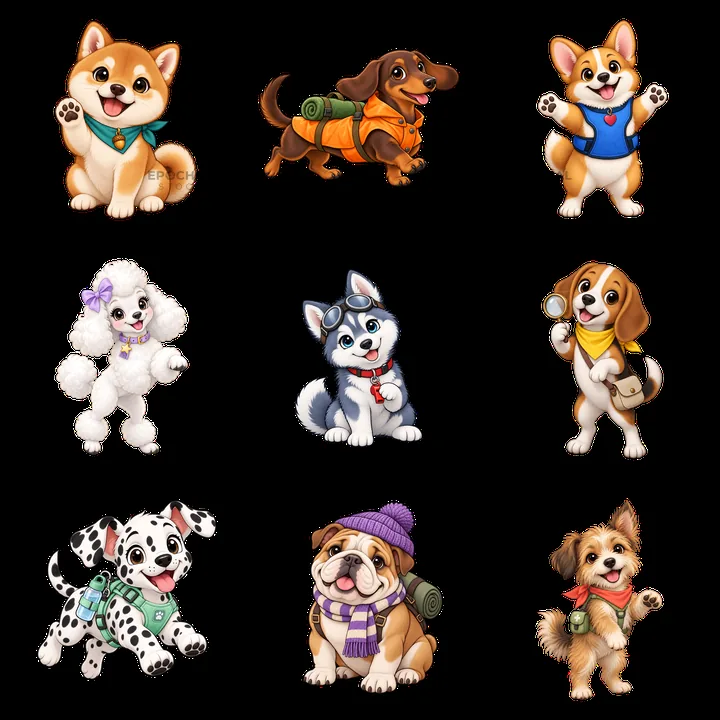 Cute K-9 dog stickers in a 3x3 layout with fun poses - AI-generated stock image