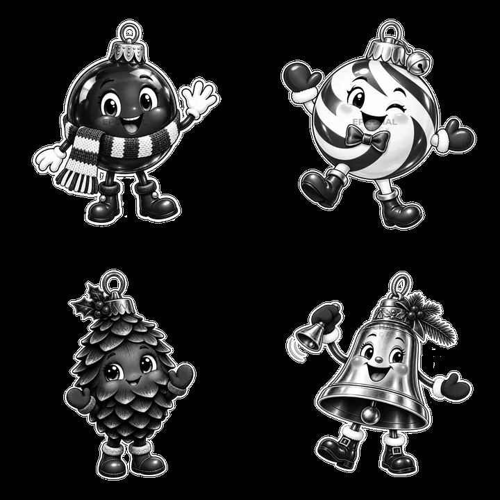 Cartoon Christmas ornaments featuring diverse characters and designs - AI-generated stock image