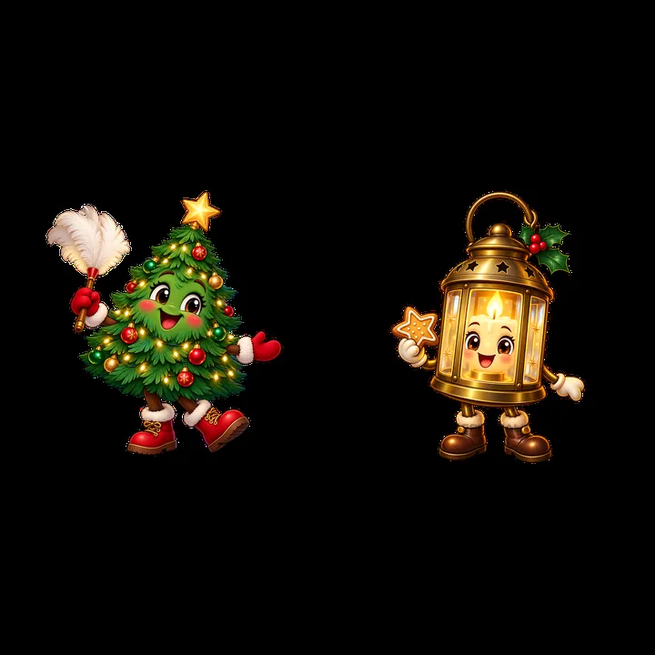 Cheerful Christmas tree and lantern characters with decorations - AI-generated stock image