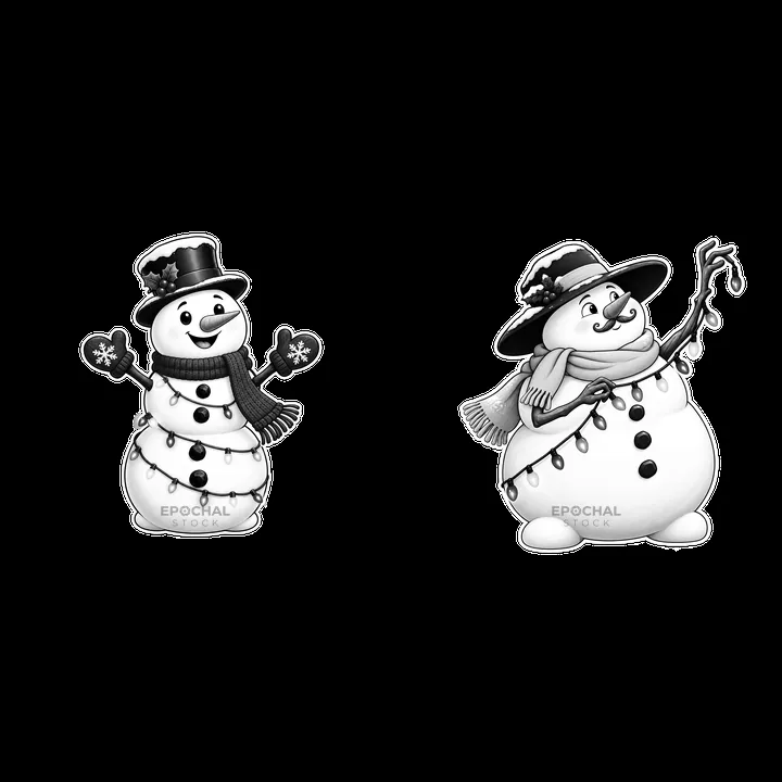 Snowmen with string lights and hats in black-and-white design - AI-generated stock image