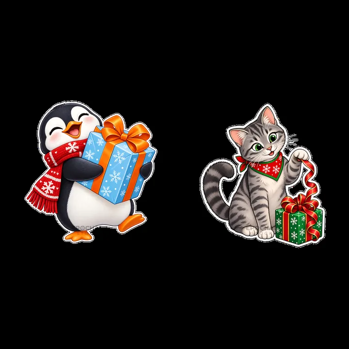 Christmas penguin and cat presenting colorful gift boxes - AI-generated stock image