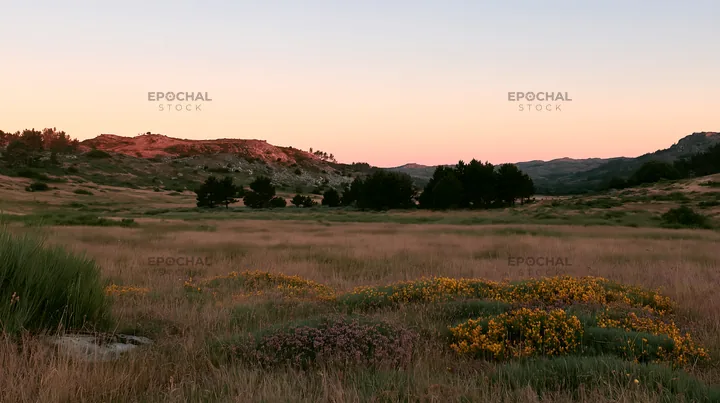 Moonrise over a meadow with yellow flowers and distant hills - AI-generated stock image