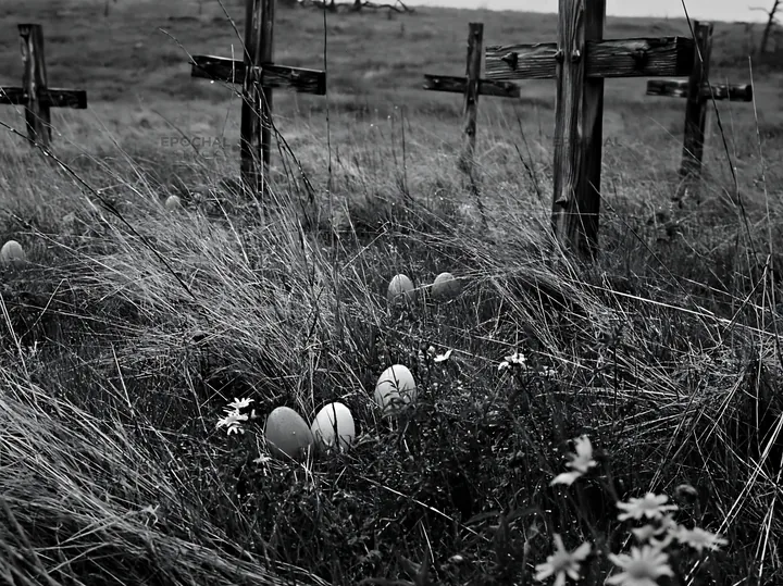 Christian crosses in rain soaked meadow with flowers and eggs - AI-generated stock image