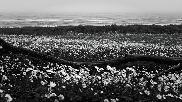 Ishikawa coastal meadow with storm washed driftwood - AI-generated stock image