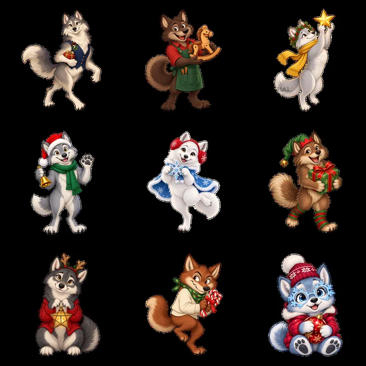 Christmas wolf sticker collection with festive characters - AI-generated stock image