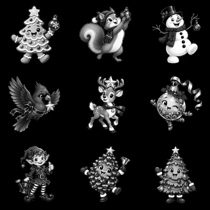 Christmas characters around a Christmas tree in monochrome design - AI-generated stock image
