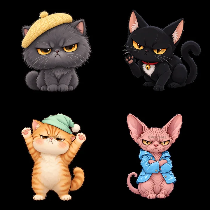 Kawaii grumpy cats in a 2x2 layout with distinct expressions - AI-generated stock image