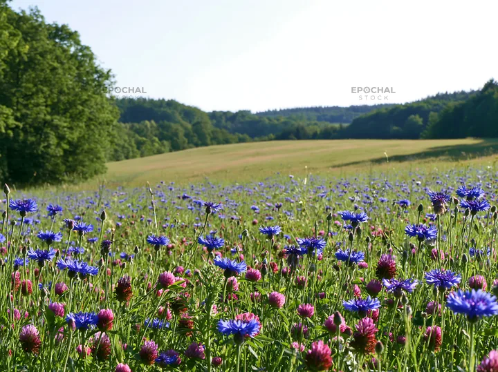 Clover cornflower meadow during bright sunny day - AI-generated stock image