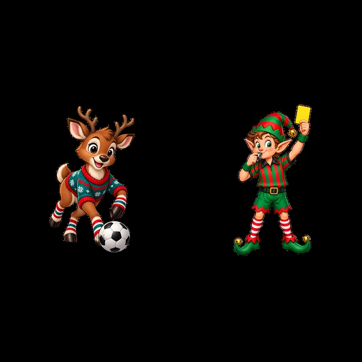 Reindeer plays soccer as elf gives yellow card in Christmas game - AI-generated stock image